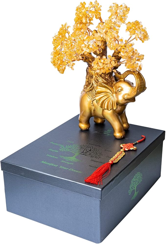 Citrine Crystal Money Tree on Gold Elephant Statue, 17”Large Gemstone Bonsai Tree of Life Home Décor Gifts for Wealth Positive Energy, Feng Shui Décor