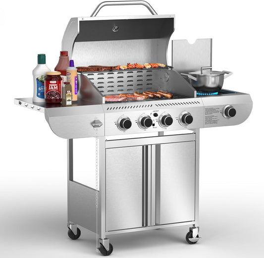 Gas Grill,Heavy-Duty Stainless Steel BBQ Grill,4 Burner Gas Grill with Side Burner,42000 BTU Propane Grill for Outdoor Cooking,Barbecue,Garden and Patio Backyard