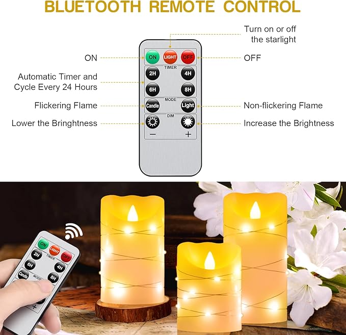 Flameless Flickering Candle, Pillar Candle,with Embedded String Lights,3 Pack LED Romantic Candle with Remote Control, Battery Operated Real Wax, Ideal for Wedding, Home decorand Holiday (Ivory)