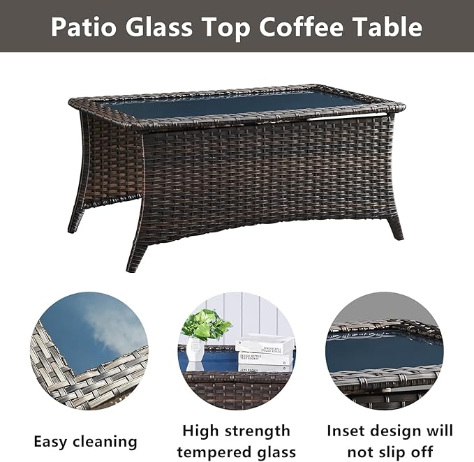Wicker Patio Furniture Sets - 13 Piece Outdoor Rattan Furniture Conversation Sets with 4 Swivel Rocker Chairs, 2 Rattan Sofas, Wicker Ottomans and Coffee Table, Brown/Blue