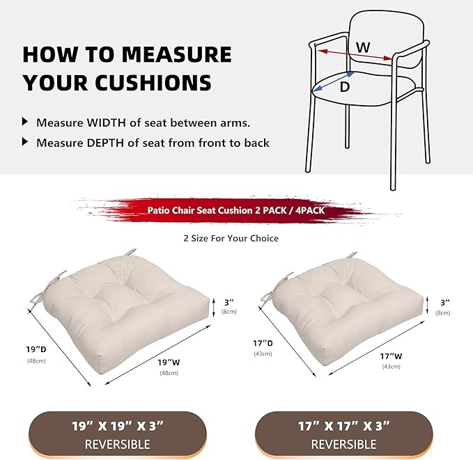 RACE LEAF Patio Chair Cushions 17x17 Inch 4 Pack, Thickened Outdoor Seat Cushions Water Resistant with Non-Slip Ties & Stain Resistant Tufted Design (Beige)