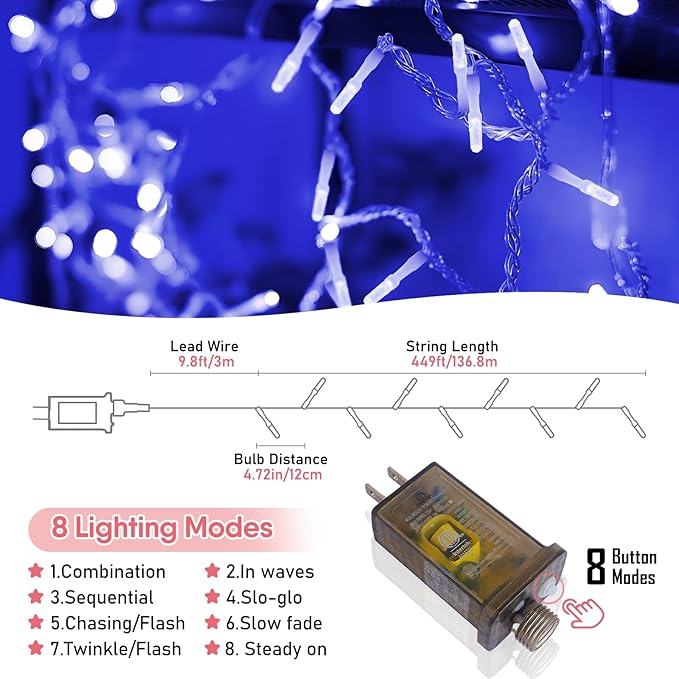 Heceltt 1140 LED 449 FT String Lights Outdoor, 8 Modes Easter Lights Plug in, IP44 Waterproof Led String Lights with Timer and Memory for Yard Party Garden Wedding Decorations (Blue)