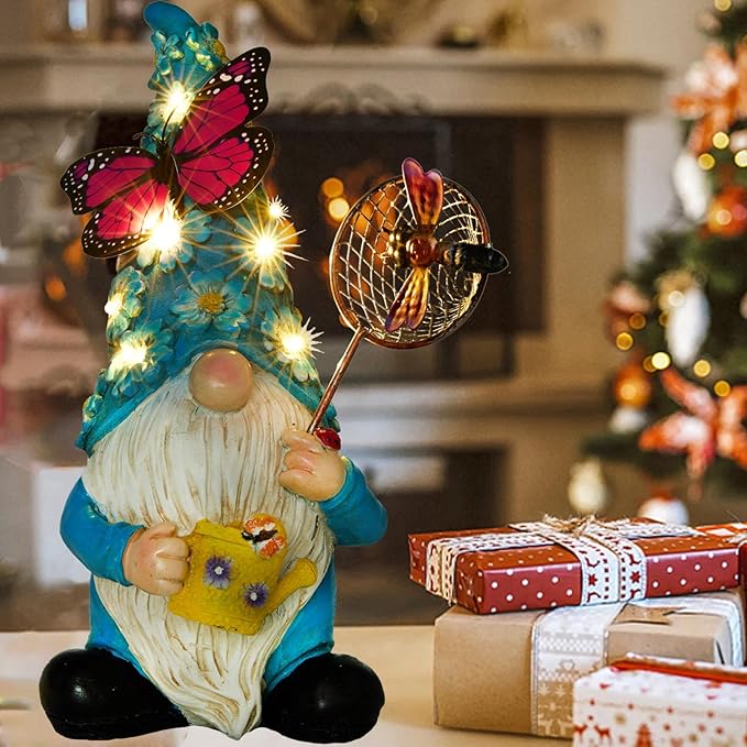 Garden Gnome Statues Outdoor Decor Solar Gnomes with Butterfly on LED Lighted Flowers, Resin Blue Gnomes Sculpture for Patio Yard Lawn Onament Decoration