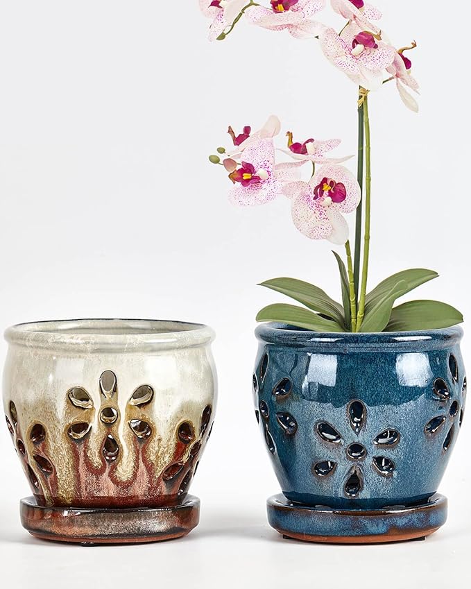 vensovo 4 Inch Ceramic Orchid Pots with Holes and Saucers - 2 Pcs Small Succulent Pot for Repotting, Garden Flowerpots for Plants Indoor and Outdoor Promotes Air Circulation (Blue, Brown Mixed)