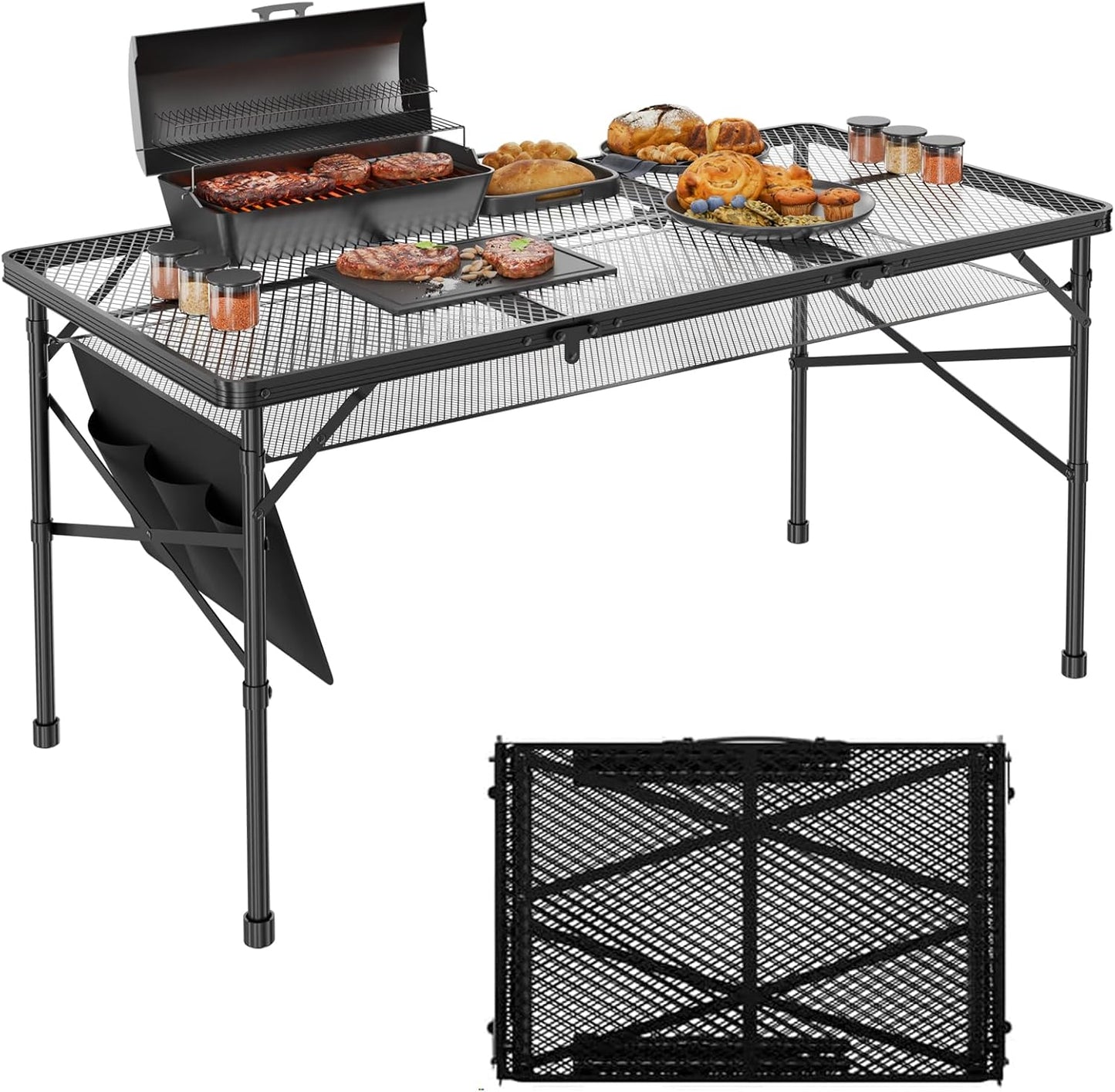 Folding Gril Table, 4x2 FT Camping Table with Mesh Desktop,Height Adjustable Folding Grill Table with Mesh Bag,Portable Outdoor for Picnic,Camping,BBQ,Beach(Black)