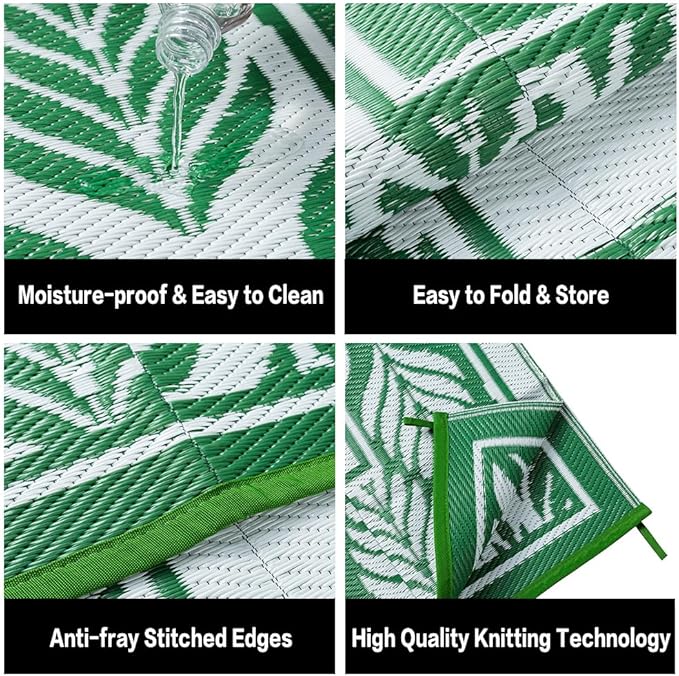 Outdoor Plastic Rug 6'x9' Waterproof Camping Carpet Outside Area Rug Reversible Green Rugs for RV Deck Entryance Porch Picnic Balcony Beach