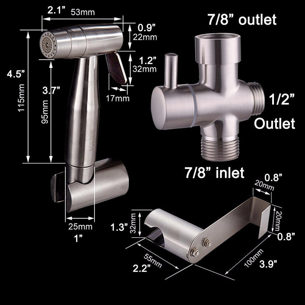 Free shipping SUS304 Stainless Steel Nickle Bathroom Handheld Bidet Shattaf Sprayer Transforms Toilet Into Spray BidetVaporizer