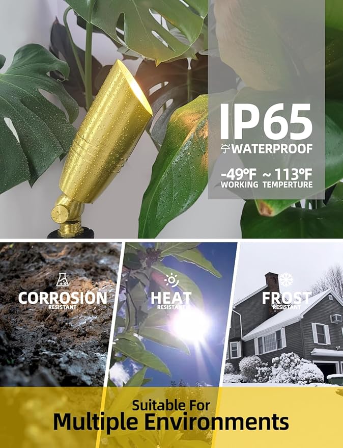 COLOER Die-cast Brass Landscape Spotlight 12-Pack with 5W Aluminum Housing LED MR16 Bulb,12V AC/DC Low Voltage Copper Outdoor Lighting, Directional Garden Patio Spot Up Light (102B Brass Finish)