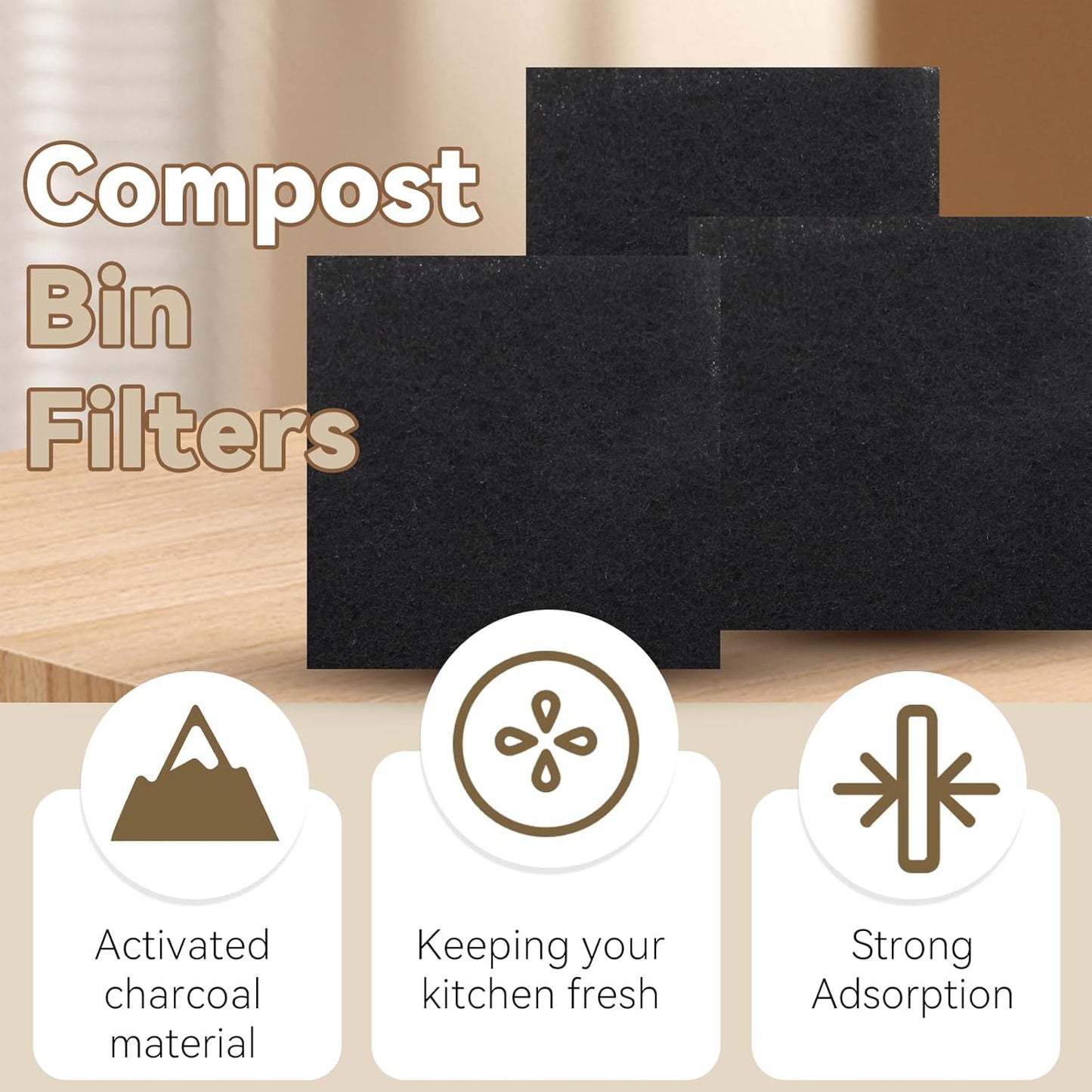Biaungdo 12 Pack 5 Inch Sqaure Charcoal Filter Replacements, Black Kitchen Compost Bin Filters for Countertop Square Carbon Filter Bin Pail Replacement