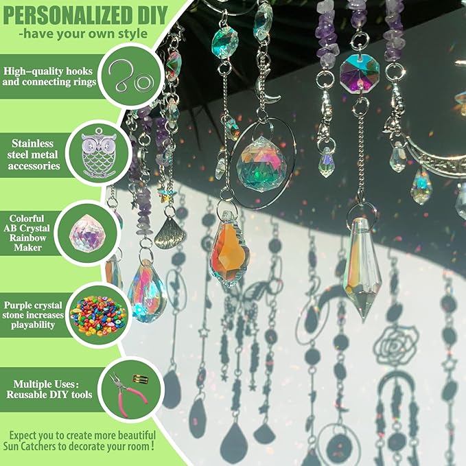 WASTROYAL 420 pcs DIY Sun Catchers Making Supplies Kit Art and Crafts for Adults Prism Hanging Decorative Suncatcher with Crystals Rainbow Maker for Indoor Windows Office Home Halloween Decor (Owl)