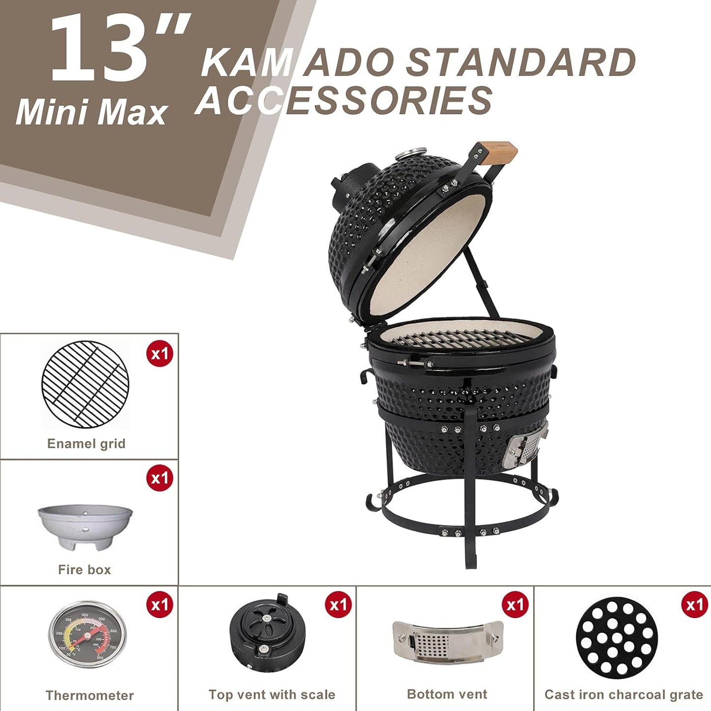 13" Round Ceramic Kamado Charcoal Grill - Heavy-Duty Black Outdoor BBQ Smoker with Heat Retention, Portable Egg Design for Grilling, Smoking, Baking & Roasting (Includes Ash Tool)