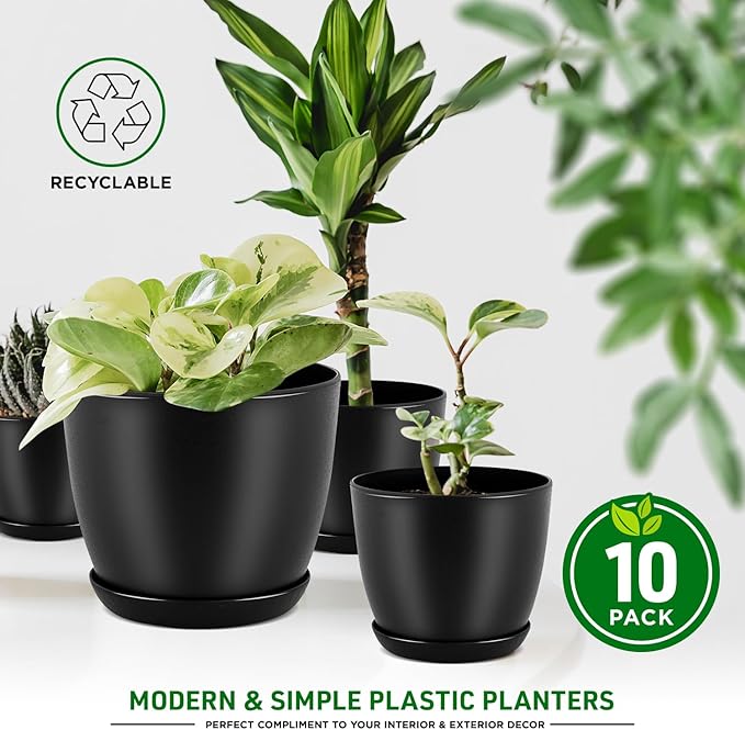 Plant Pots with Multi Drainage Holes - 10 Pieces Versatile, Sturdy Plastic, Stackable Design Home Decor Flower Pots for Indoor and Outdoor Gardening - Black