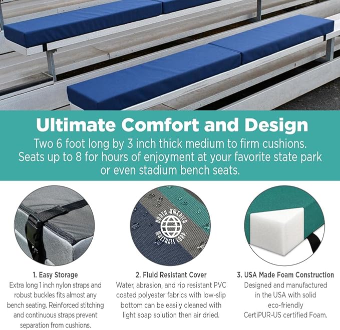 North American Mattress 6' Outdoor Picnic Bench Seat Cushion - 2 Piece Set; 72" (6ft) x 10" x 3"; Navy Blue - Folding & Easy to Carry