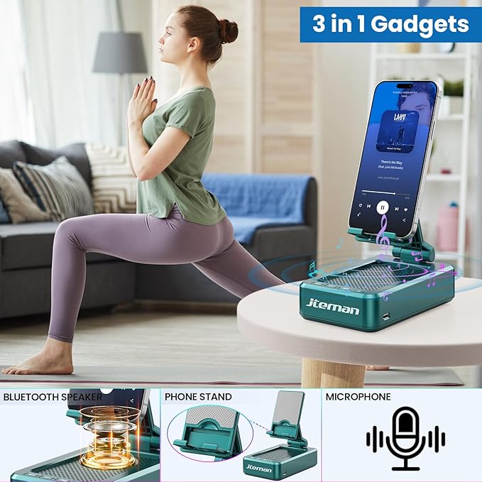 JTEMAN Cell Phone Stand with Wireless Bluetooth Speakers,Angle Adjustable Strong Pedestal Phone Stand for Desk,HD Sound and Bass Bluetooth Speaker Compatible with All Mobile Phones(Green)
