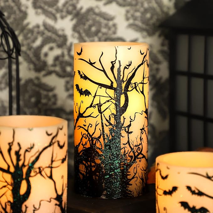 Halloween Decor Flameless Candles Set of 3 Black Spooky Bats Decal Flickering Candles Battery Operated with Remote Real Wax LED Pillar Candles for Halloween Party Horrible Theme Decor