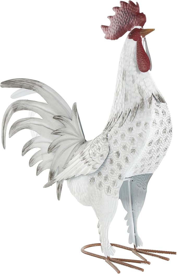 Deco 79 Metal Rooster Decorative Garden Sculpture Garden Statue with Black Texturing and Red Accents, Outdoor Sculpture 15" x 6" x 18", White