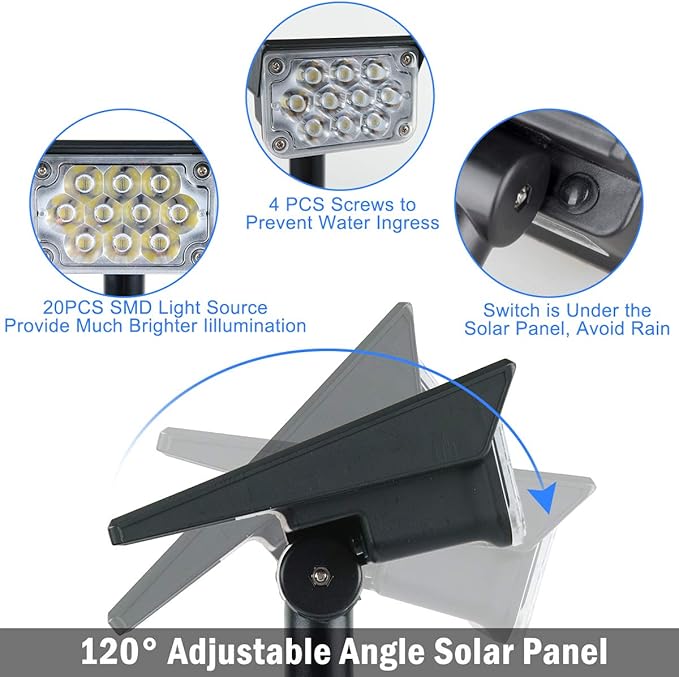 T-SUNUS 20 LED Solar Spotlights, IP65 Waterproof 2-in-1 Outdoor Solar Landscape Light for Yard Garden Driveway Porch Walkway Pool Patio 2 Pack Cold White