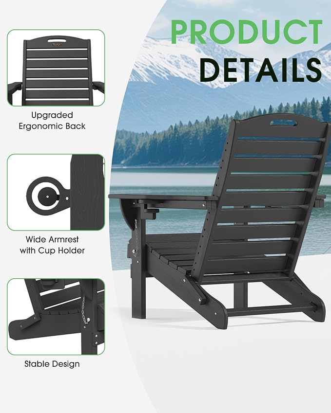 Adirondack Chairs Set of 4, Outdoor Fire Pit Chairs, HDPE All-Weather Adirondack Chairs with Cup Holder, Lawn Chair for Deck, Patio, Garden (Black)
