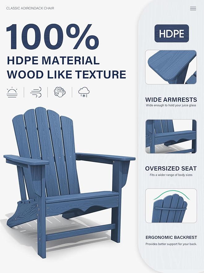 KINGYES HDPE Adirondack Chair, Classic All-Weather Adirondack Chairs Set of 8, Outdoor Patio Adirondack Chair for Deck Lawn fire Pit, Navy
