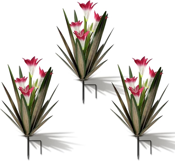 Homight Metal Agave Plant Outdoor Decoration Outdoor Garden Decoration Lily Mexican Yard Art Plant Garden Agave Lily Decorative Garden Gift… (3 Big Red Lilies)