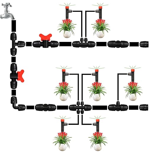 360 Degree Drip Irrigation Emitters Fittings: Adjustable Drip Irrigation Sprayer for 1/4 inch Drip Irrigation Tubing 8 Stream Dripper on 5" Arrow Stake with Barbed Locked Nut (50 Pieces)