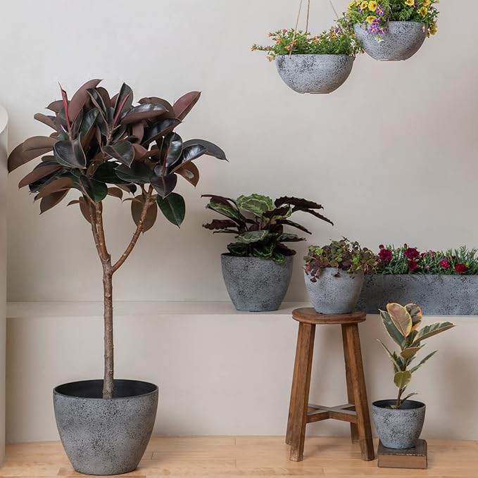 LA JOLIE MUSE Large Hanging Planters for Outdoor Plants - 13 Inch Hanging Flower Pots with Drainage Holes, Set of 2, Rock Grey
