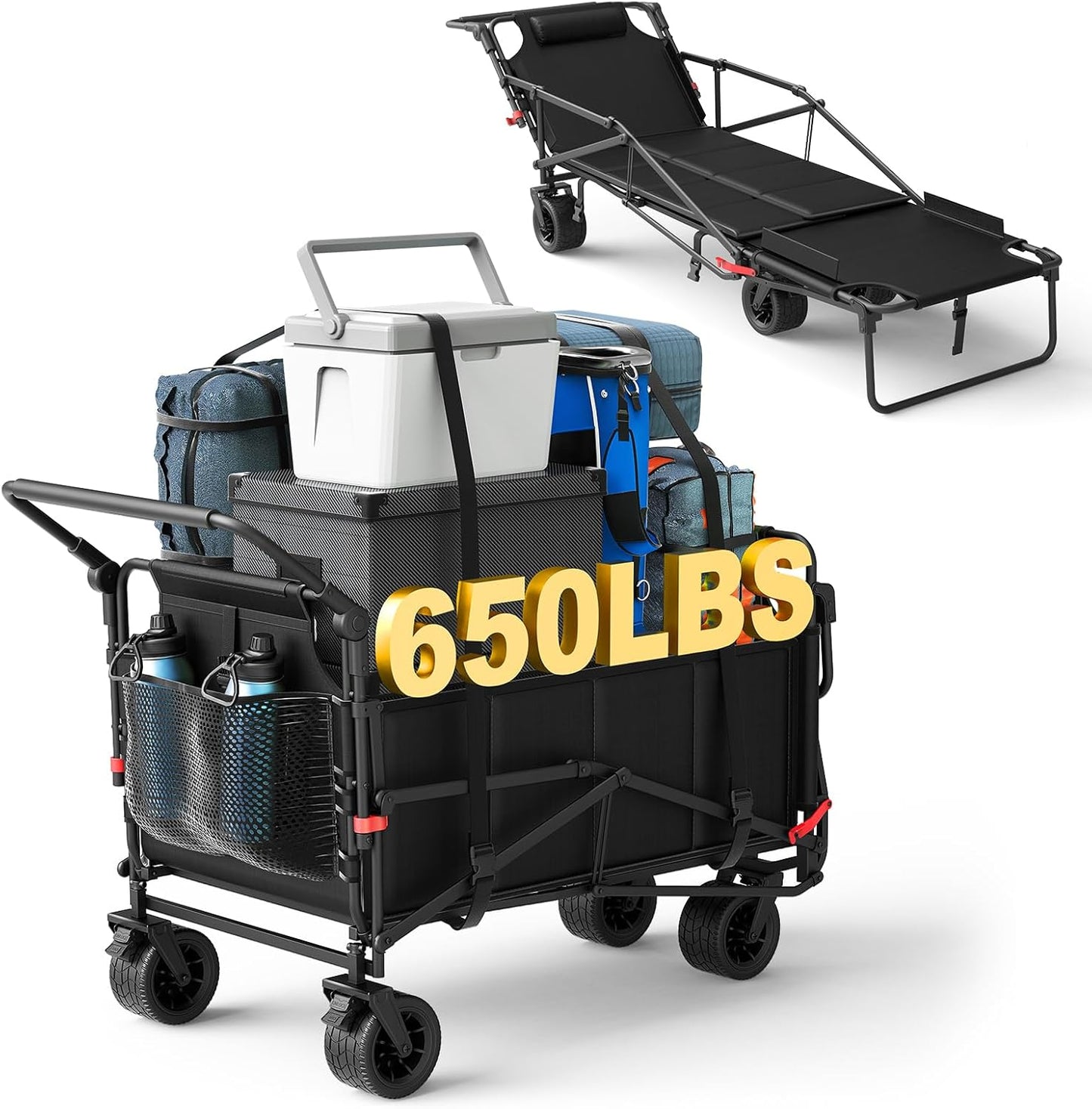 LEVELEVE Heavy Duty Folding Wagon - 2-in-1 Collapsible Cart, 650lb Capacity, All-Terrain Wheels w/Brakes & Side Pockets (Black)