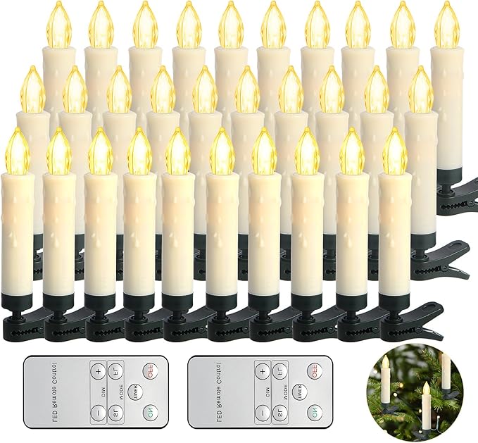 LED Christmas Candles, Flickering Clip on Candles for Christmas Tree, Battery Operated with Remote Timer, Warm White Light, Flameless Taper Candles for Home Christmas Decor, Set of 30