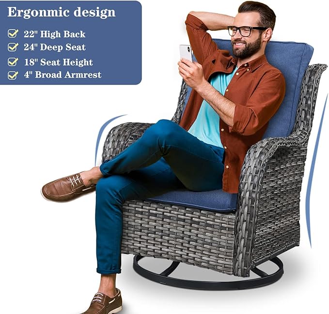 5 Piece Outdoor Patio Furniture Set - Outdoor Conversation Couch and Loveseat Glider Chair Furniture Set with Rattan Coffee Table for Deck Balcony Poolside Gray Wicker/Blue Cushions