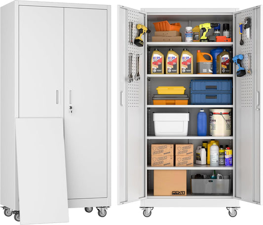 Metal Garage Storage Cabinet with Wheels & Pegboard, Lockable Metal Storage Cabinets with 2 Doors&5 Adjustable Shelves for Garage&Home,Assembly Required,White 71''H x32''W x16''D