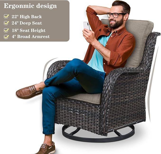 5 Pieces Patio Wicker Furniture Set - 4 Outdoor Swivel Rocker Glider Chairs with Propane Fire Pit Table, Warm Patio Conversation Set Grey Cushion Perfect for Casual Gathering