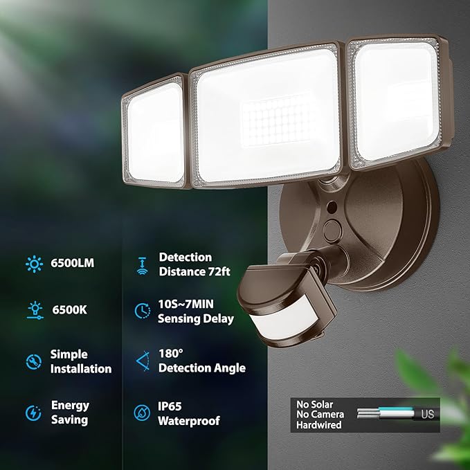 Onforu 65W LED Security Lights Motion Sensor Light Outdoor, 6500LM, 6500K, IP65 Waterproof, Flood Light Outdoor Motion Detector with Adjustable 3 Head, Hardwired Wall Light for Entryway, Yard (Brown)