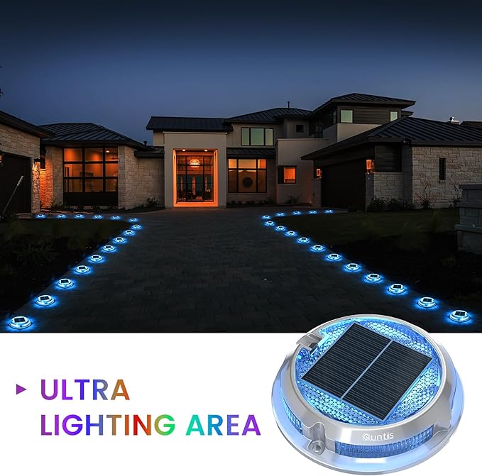Quntis RGB Solar Deck Lights 12 Pack, 11 Lighting Modes Solar Driveway Lights Outdoor Waterproof IP68, Step Light for Outside, Deck Light for Stair Pathway Walkway