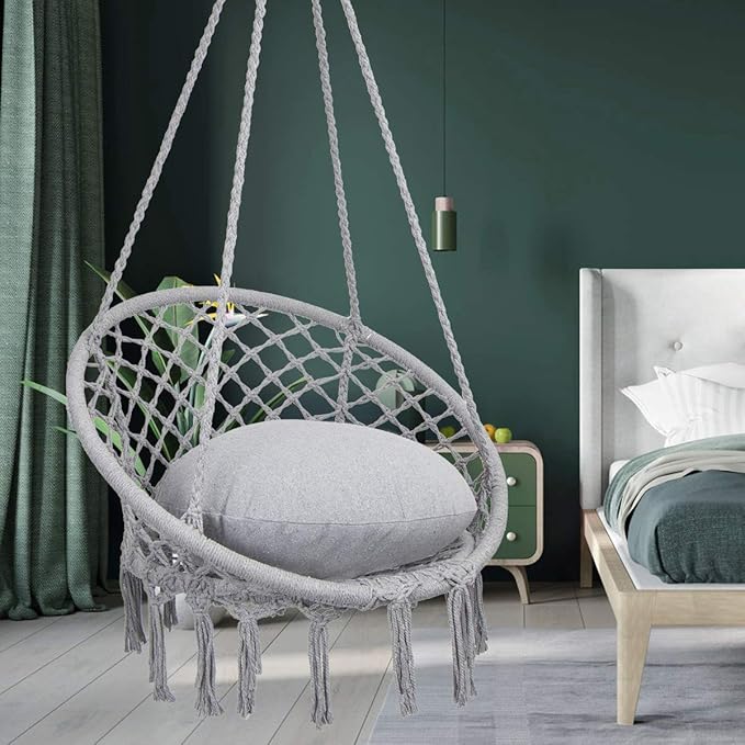 Y- STOP Hammock Chair Macrame Swing, Max 330 Lbs, Hanging Cotton Rope Hammock Swing Chair for Indoor and Outdoor Use, Light Grey