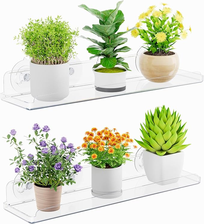 Lifewit Window Plant Floating Shelves 15 inch, 2 Pack Acrylic Suction Cup Shelf, Window Sill Extender for Indoor Succulent Plants, Micro Greens, Seed Starter Pots, Herb Planters