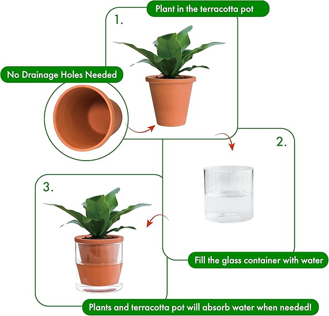 D'vine Dev 4 Inch Design Self Watering Pot for Indoor Plants, Terracotta Planter with Cylinder Glass Cup, Set of 3, 37-X-A-3