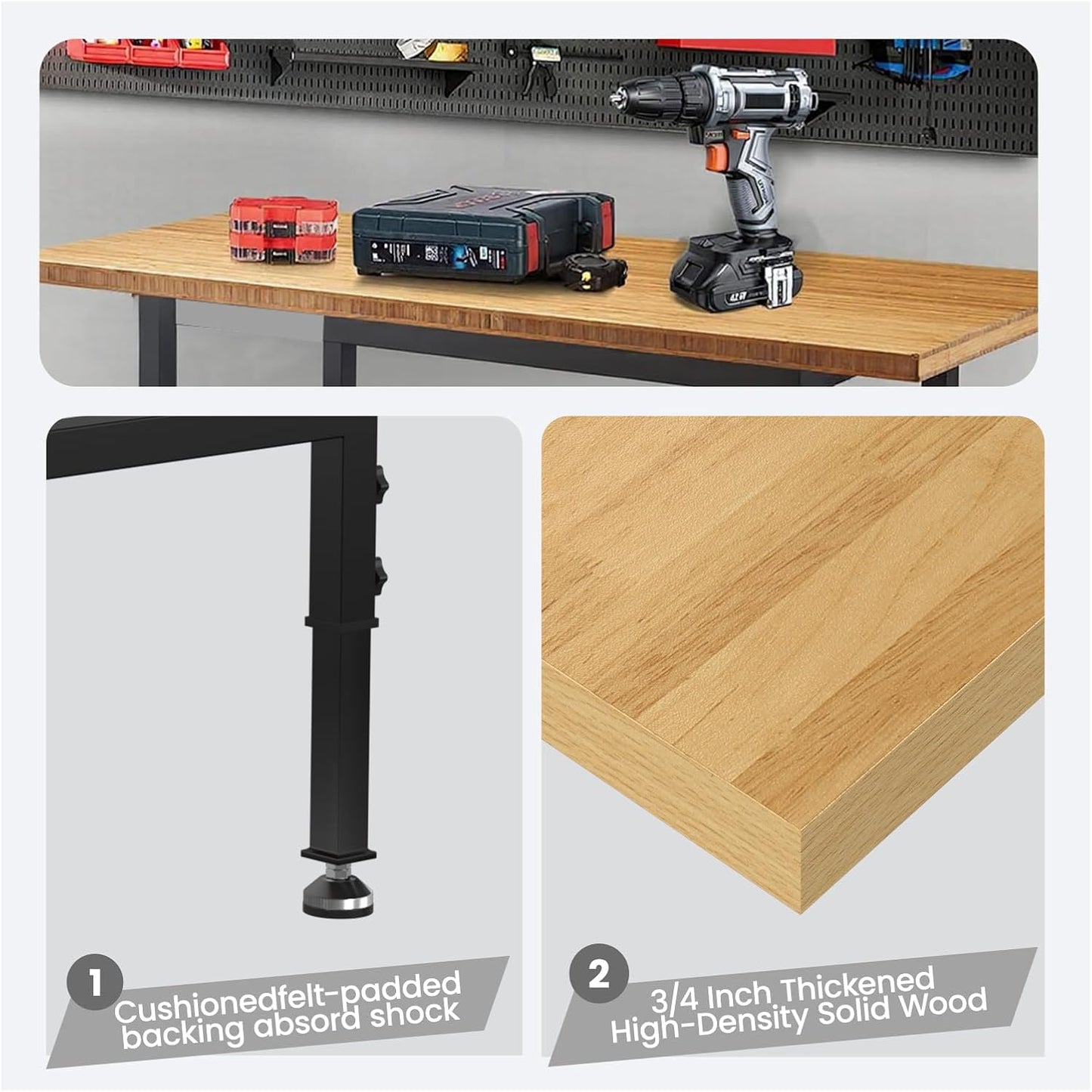 60" Adjustable Workbench,Heavy-Duty Work Table,3000 LBS Load Capacity Particleboard Hardwood Workstation with Fixed feet,for Workshop, Garage