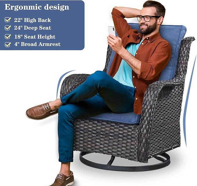 Outdoor Furniture Sectional Sofa L Shaped Couch - Patio Wicker Set with 2 Swivel Glider Chairs, 5 Piece Rattan Patio Conversation Sets with Blue Cushion for Deck Backyard Sunroom