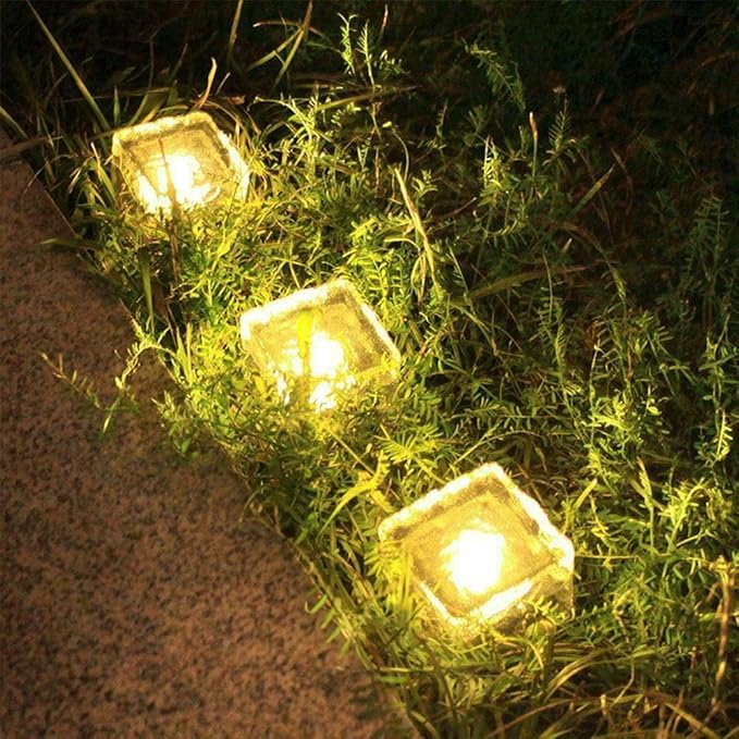 Solar Outdoor Ice Cube Lights for Garden Decoration, 2.8 ”x 2.8” Frosted Acrylic Brick Waterproof Solar Landscape Lights for Tabletop Yard Patio Pathway Decor (Warm White) (4 Pieces)