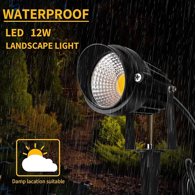 Outdoor Warm White Spot Lights, 3000K Landscape SpotLights, 12W IP65 Waterproof Garden Lights, Metal Case COB Lighting with Spiked Stand for Lawn Decorative Lamp (6 Pack)