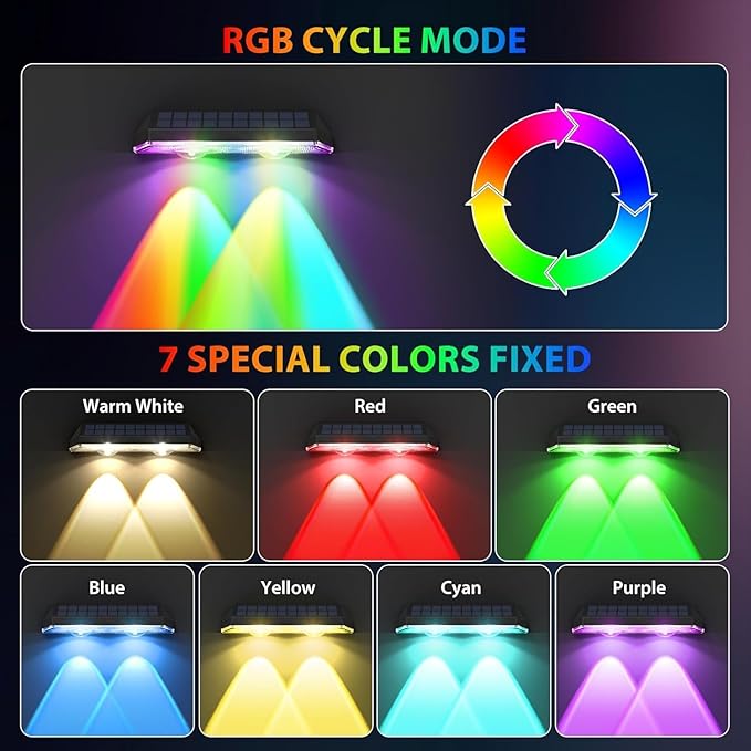 Solar Fence Lights ,RGB & Warm White & 6 Colors Lens LED Dusk to Dawn Deck Light, Fence Solar Lights Outdoor Waterproof, Solar Outdoor Lights for Backyard/Railing/Wall/Step/Patio/Pool -set of 20