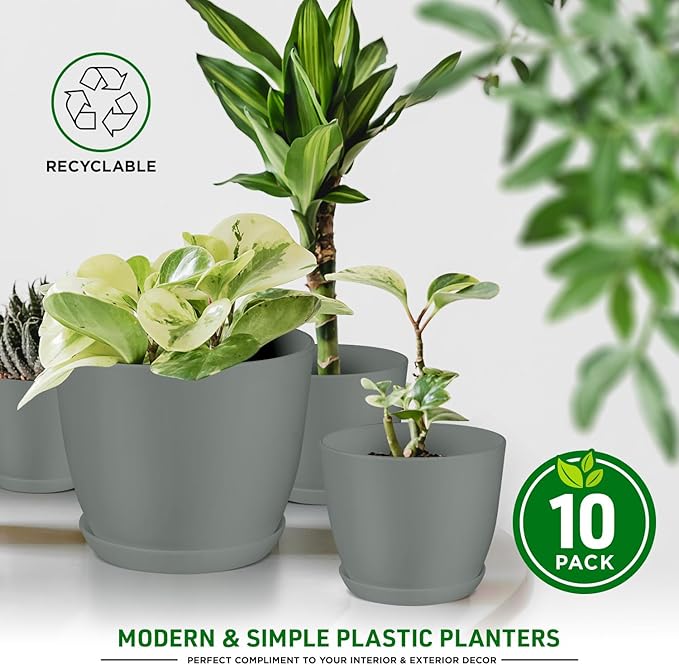 Planter Pots with Drainage Holes - Lightweight, Durable & Space-Saving Pots for Indoor and Outdoor - Versatile Functionality, Simple Modern Design, Set of 10 Plastic Planter Pots - Gray