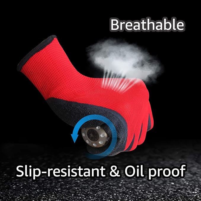 Evridwear Crinkle Latex Rubber Hand Coated Safety Work Gloves for Men Women General Multi Use Construction Warehouse Gardening Assembly Landscaping (XL-Size) Red 120 Pairs Pack
