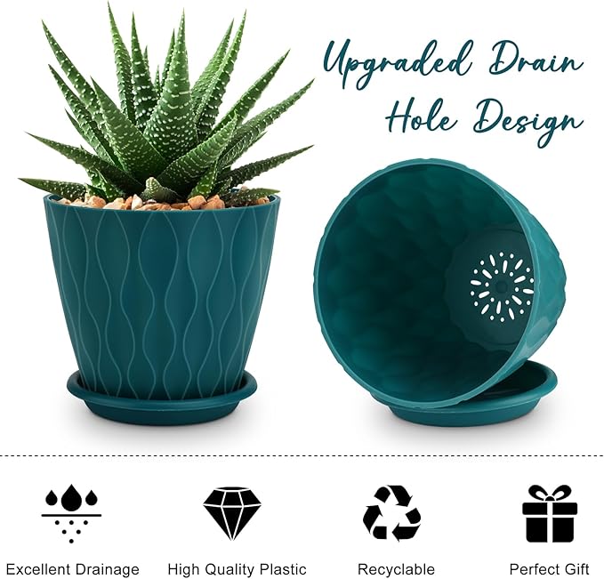 6 inch Plant Pots, 5 Pack Flower Pots Outdoor Indoor, Planters with Drainage Hole and Tray Saucer.