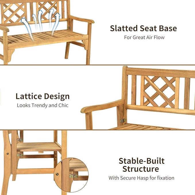 Tangkula Folding Outdoor Wood Garden Bench, Foldable Acacia Wood Patio Bench with Wide Curved Armrest & Backrest, Outside 2-Person Loveseat Chair for Entryway, Yard, Deck, Balcony & Park