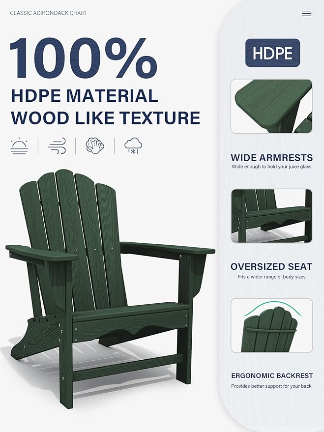 KINGYES HDPE Adirondack Chair Set of 8, Classic All-Weather Adirondack Chair, Green