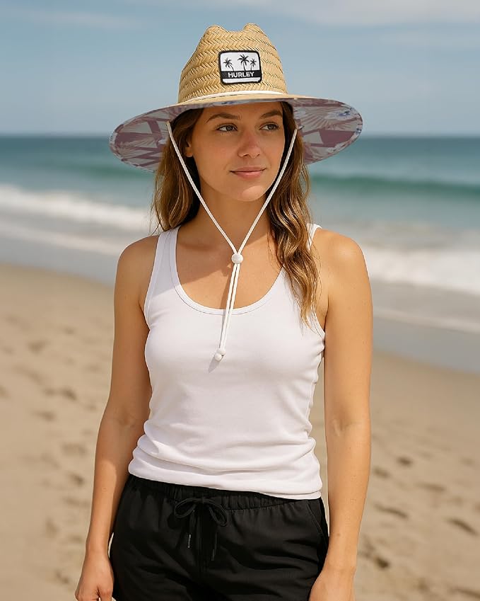 Hurley Women's Straw Hats - Real Straw Hat Medium Brim and Adjustable Chin Strap