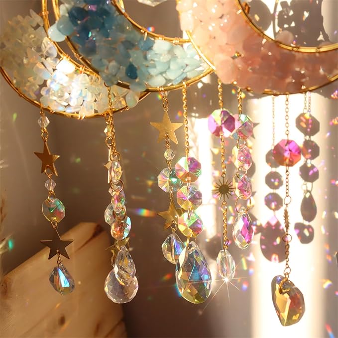 Crystal Suncatcher Hanging Moon Sun Light Catcher with Glass Prisms for Window Natural Kyanite Crystal Decor Home Indoor Making Rainbows