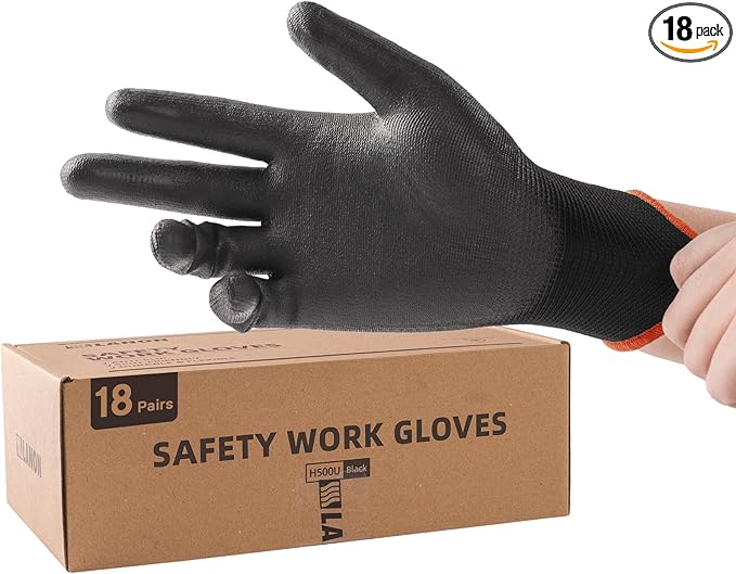 LANON Safety Work Gloves for Men and Women, 18 Pairs Mechanic Black Working Gloves with Grip Odorless PU Coated, Seamless Knit, Full Fingertip Touchscreen for Light Duty Working Gloves, X-Large