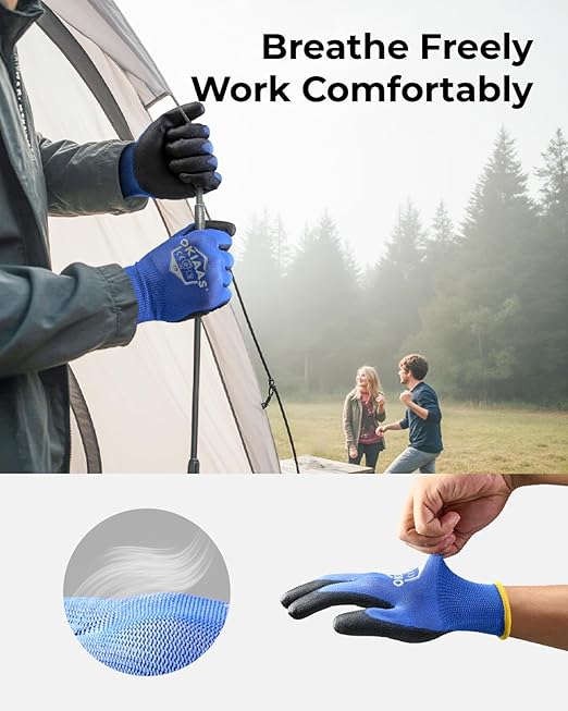 OKIAAS Men's Blue Medium Thin and Lightweight Working Gloves with Grip, 12 Pairs Bulk Pack Construction Gloves